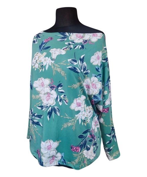 Zielona bluzka z rękawem 3/4 kimono - wzór białe kwiaty